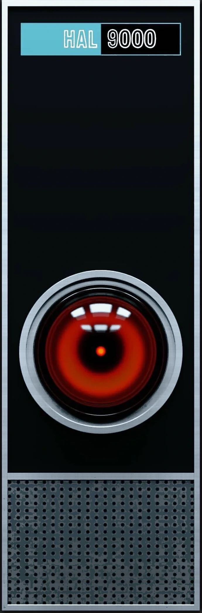 HAL 9000 front panel with nameplate, red fisheye lens, bright metal eye ring, and one metallic speaker grille