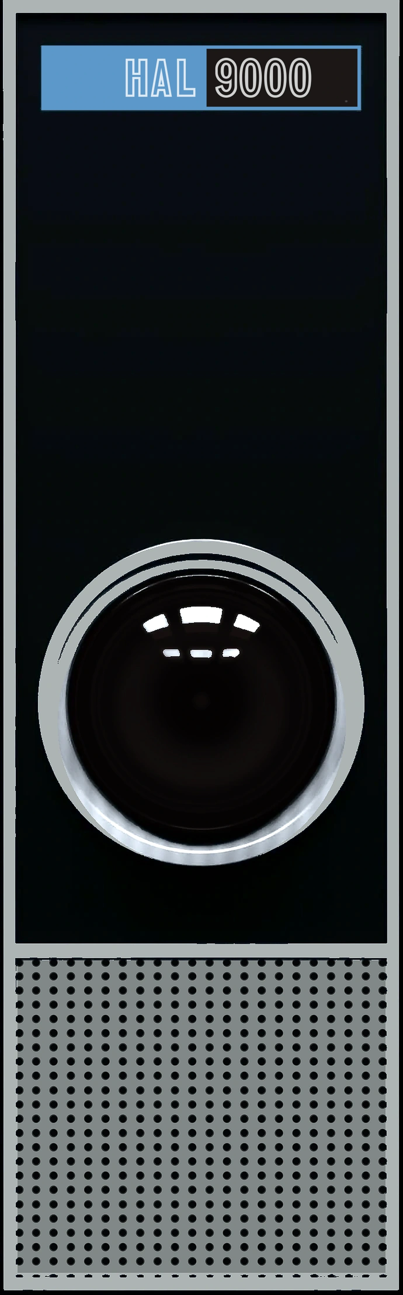 HAL 9000 front panel with nameplate, dark fisheye lens, grey metal frame, and grey perforated speaker grille